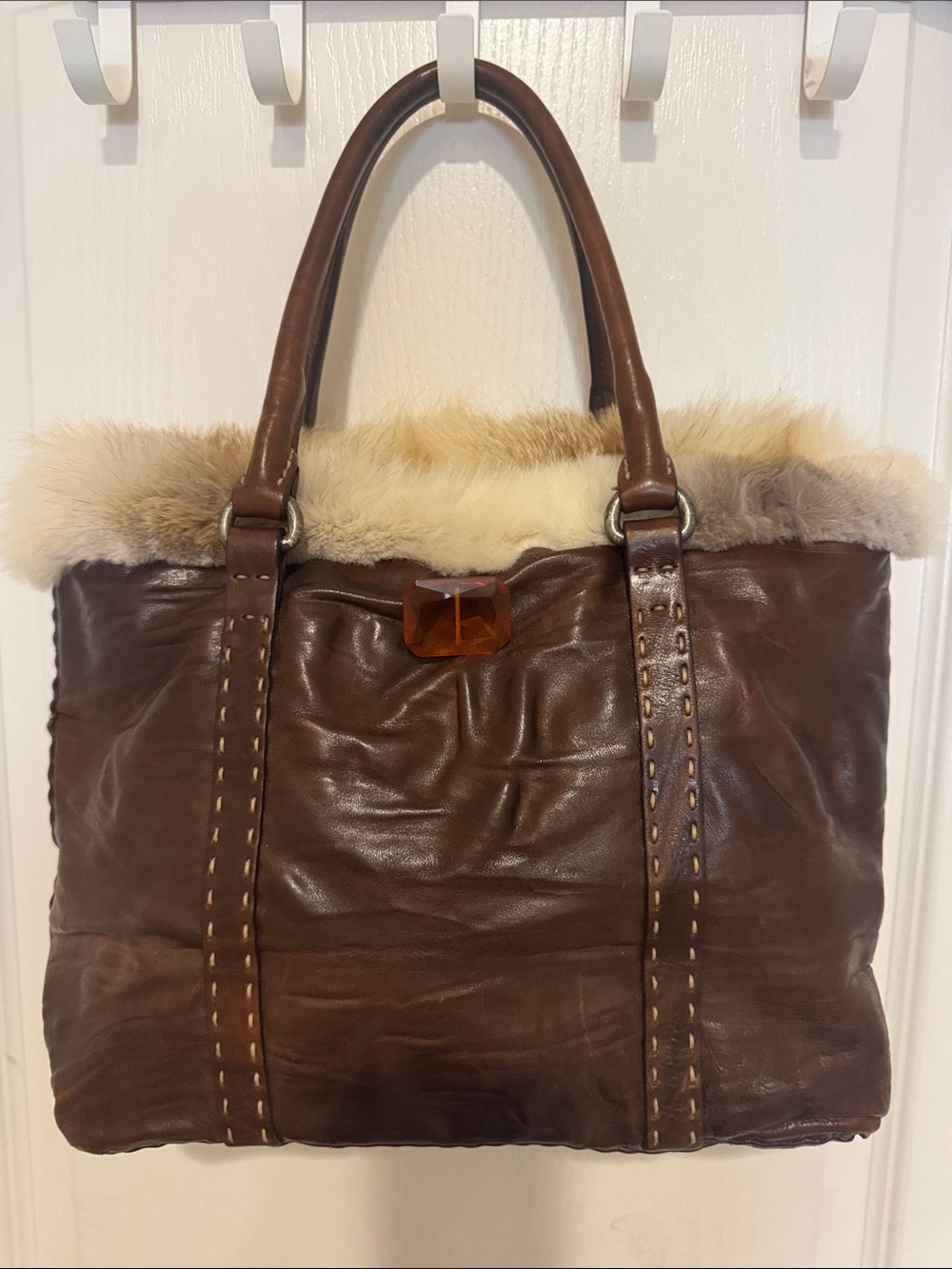 Brown Leather Tote with Cream Fur Trim - Women Bags